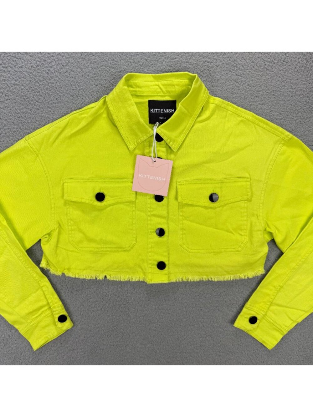 Kittenish Jacket Women Small S Neon Yellow Cropped Jean Denim Raw Hem Biker Moto
